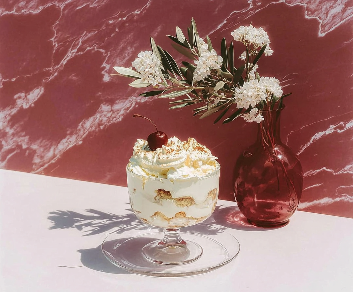 Classic Italian tiramisu dessert served in elegant glass bowl with cherry garnish, styled with white flowers in burgundy vase against marble backdrop