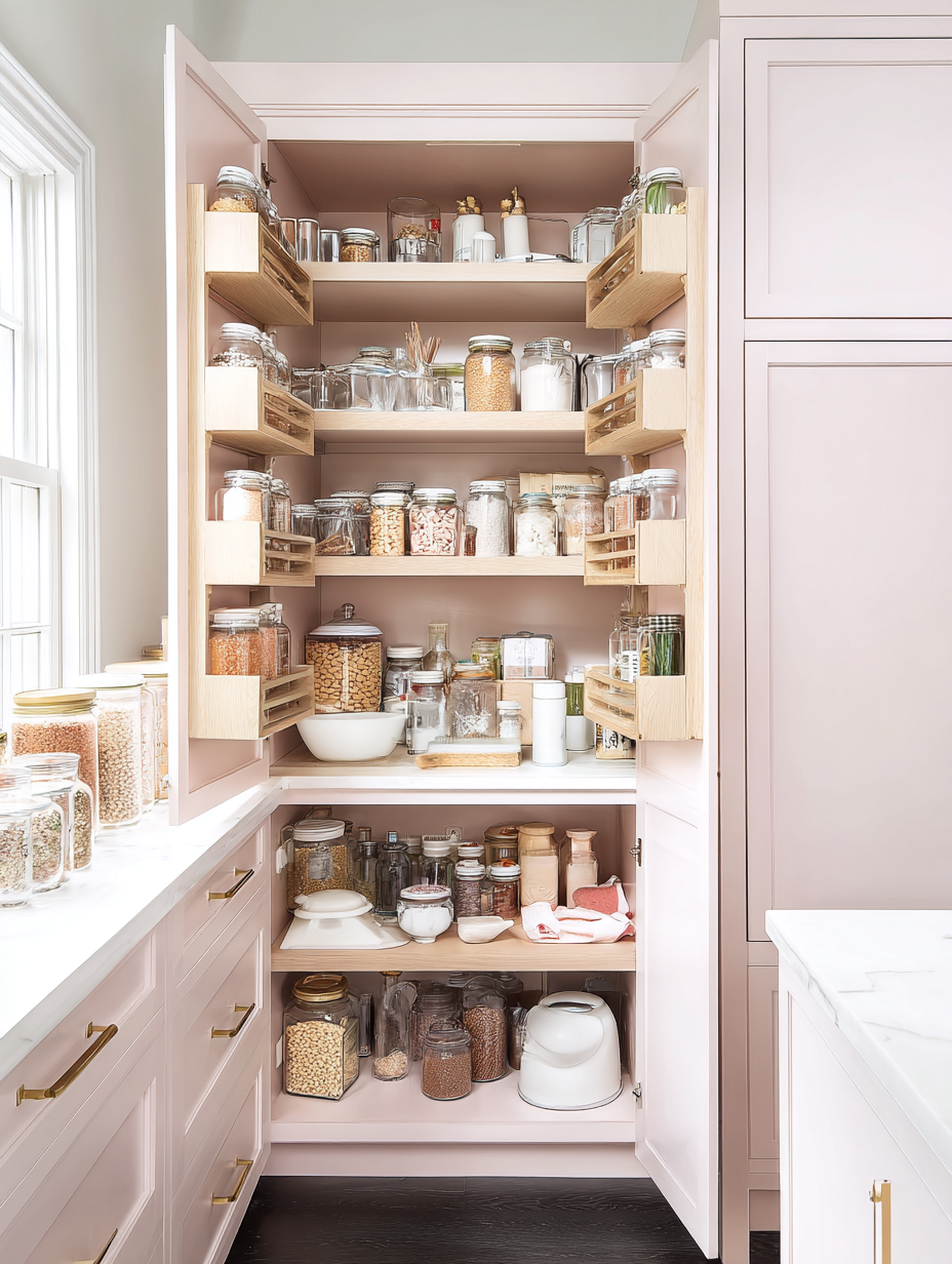 Well-organized Italian pantry with glass jars containing pasta, grains, and cooking essentials arranged on pull-out wooden shelves in a light pink kitchen cabinet